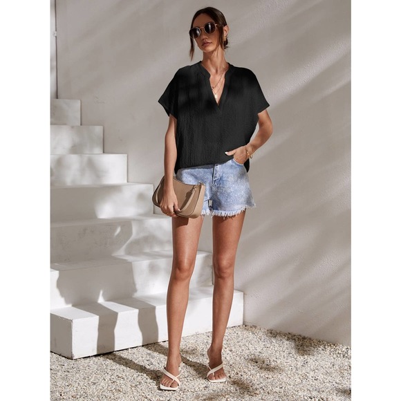 boho Notched Batwing Sleeve Blouse short sleeve hot pink - Picture 5 of 11